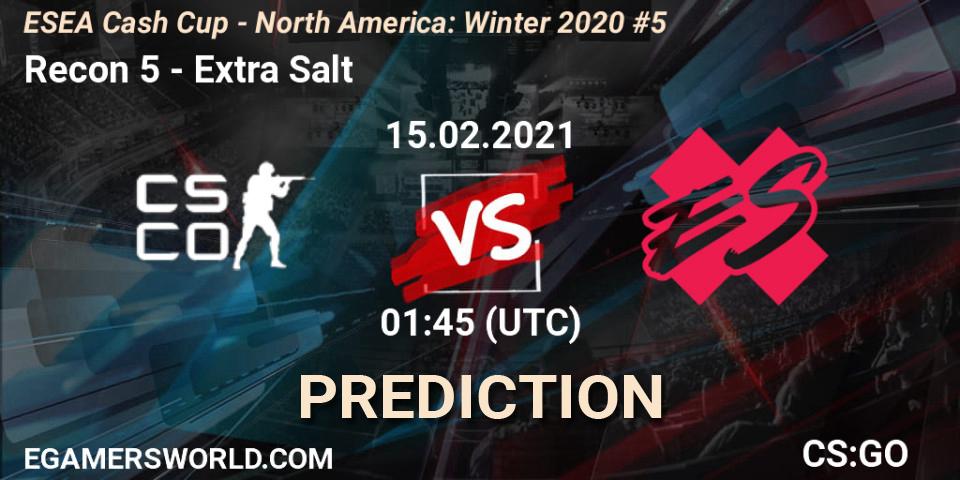 Recon 5 vs Extra Salt: Betting TIp, Match Prediction. 15.02.2021 at 01:45. Counter-Strike (CS2), ESEA Cash Cup - North America: Winter 2020 #5