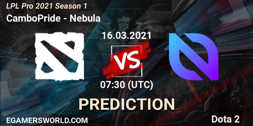 CamboPride vs Nebula: Betting TIp, Match Prediction. 16.03.2021 at 07:34. Dota 2, LPL Pro 2021 Season 1