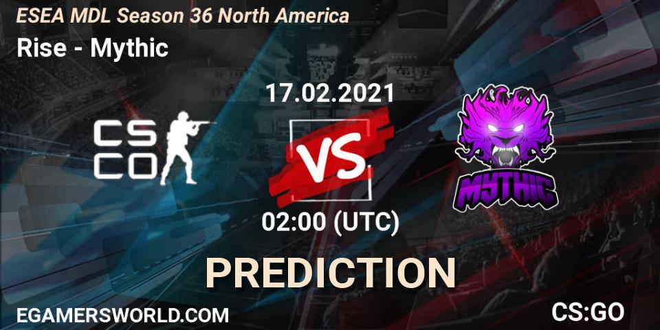 Rise vs Mythic: Betting TIp, Match Prediction. 17.02.2021 at 02:00. Counter-Strike (CS2), MDL ESEA Season 36: North America - Premier Division