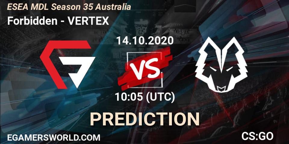 Forbidden vs VERTEX: Betting TIp, Match Prediction. 14.10.2020 at 10:05. Counter-Strike (CS2), ESEA MDL Season 35 Australia
