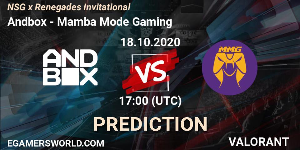 Andbox vs Mamba Mode Gaming: Betting TIp, Match Prediction. 18.10.2020 at 17:00. VALORANT, NSG x Renegades Invitational