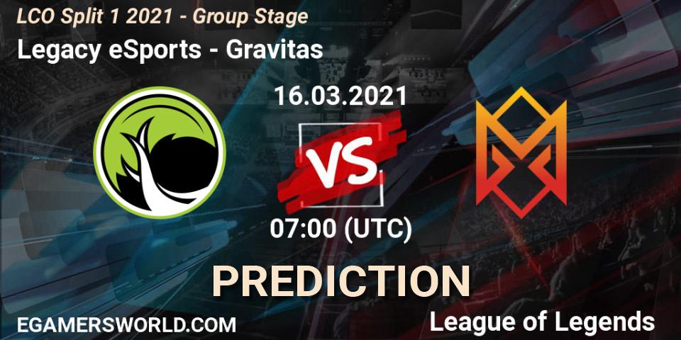 Legacy eSports vs Gravitas: Betting TIp, Match Prediction. 16.03.21. LoL, LCO Split 1 2021 - Group Stage