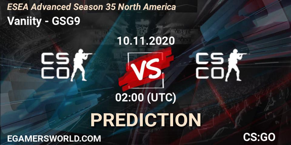 Vaniity vs GSG9: Betting TIp, Match Prediction. 10.11.2020 at 02:10. Counter-Strike (CS2), ESEA Advanced Season 35 North America