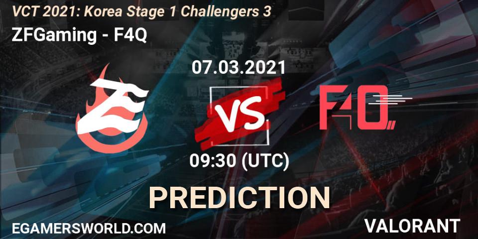 ZFGaming vs F4Q: Betting TIp, Match Prediction. 07.03.2021 at 09:30. VALORANT, VCT 2021: Korea Stage 1 Challengers 3