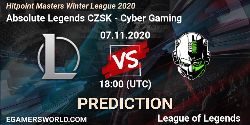 Absolute Legends CZSK vs Cyber Gaming: Betting TIp, Match Prediction. 07.11.2020 at 18:00. LoL, Hitpoint Masters Winter League 2020