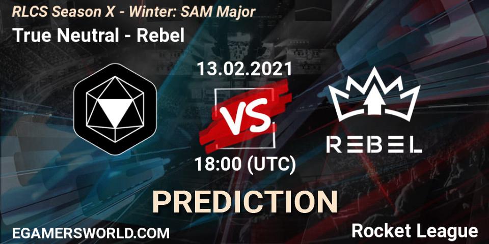 True Neutral vs Rebel: Betting TIp, Match Prediction. 13.02.2021 at 18:00. Rocket League, RLCS Season X - Winter: SAM Major