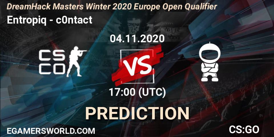 Entropiq vs c0ntact: Betting TIp, Match Prediction. 04.11.2020 at 17:05. Counter-Strike (CS2), DreamHack Masters Winter 2020 Europe Open Qualifier