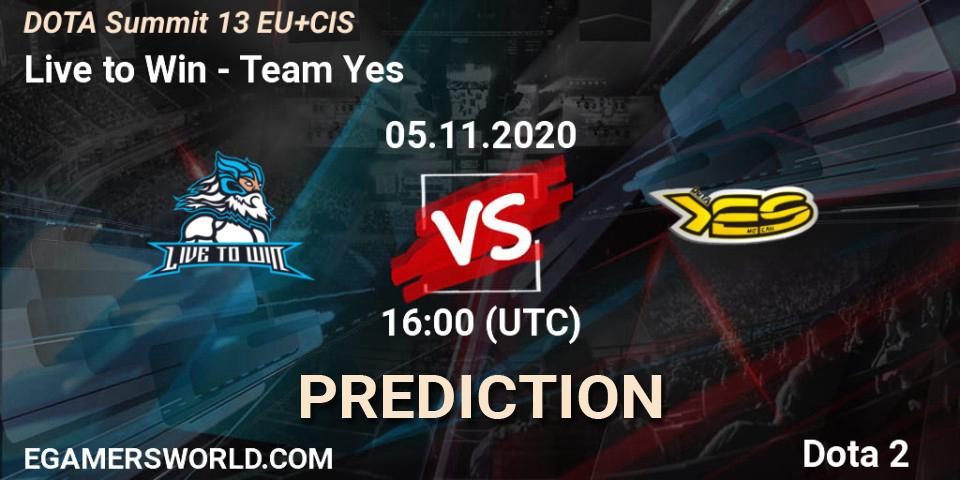 Live to Win vs Team Yes: Betting TIp, Match Prediction. 05.11.20. Dota 2, DOTA Summit 13: EU & CIS