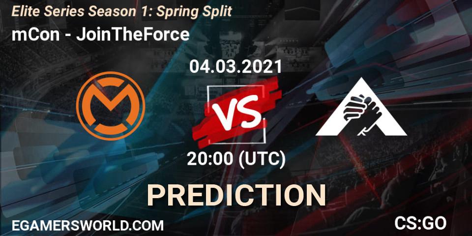 mCon vs JoinTheForce: Betting TIp, Match Prediction. 04.03.2021 at 20:00. Counter-Strike (CS2), Elite Series Season 1: Spring Split