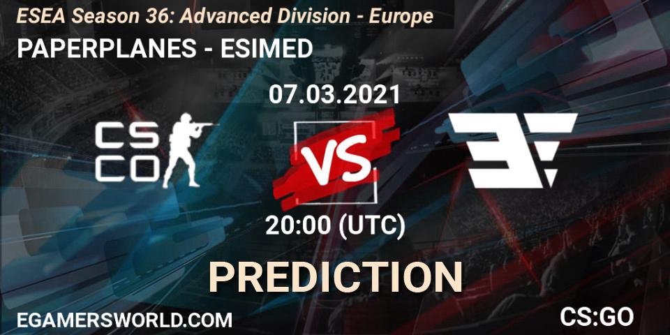 PAPERPLANES vs ESIMED: Betting TIp, Match Prediction. 07.03.2021 at 20:00. Counter-Strike (CS2), ESEA Season 36: Europe - Advanced Division