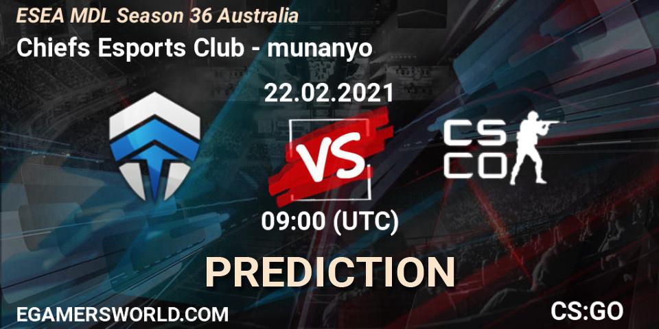 Chiefs Esports Club vs munanyo: Betting TIp, Match Prediction. 23.02.2021 at 09:00. Counter-Strike (CS2), MDL ESEA Season 36: Australia - Premier Division