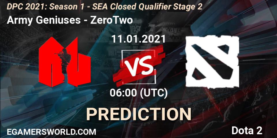 Army Geniuses vs ZeroTwo: Betting TIp, Match Prediction. 11.01.2021 at 06:00. Dota 2, DPC 2021: Season 1 - SEA Closed Qualifier Stage 2