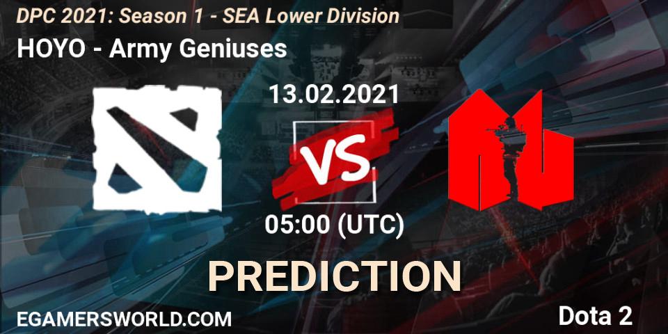 HOYO vs Army Geniuses: Betting TIp, Match Prediction. 13.02.2021 at 05:04. Dota 2, DPC 2021: Season 1 - SEA Lower Division