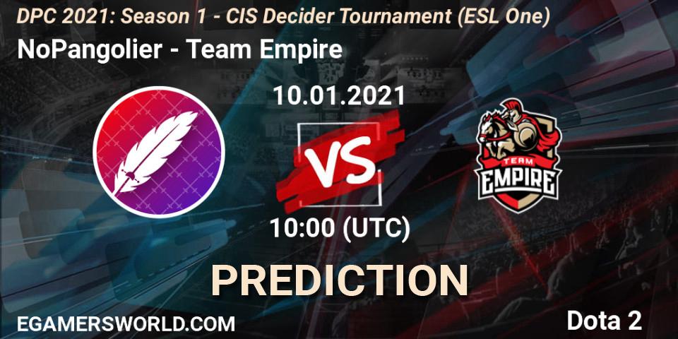 NoPangolier vs Team Empire: Betting TIp, Match Prediction. 10.01.2021 at 10:00. Dota 2, DPC 2021: Season 1 - CIS Decider Tournament (ESL One)