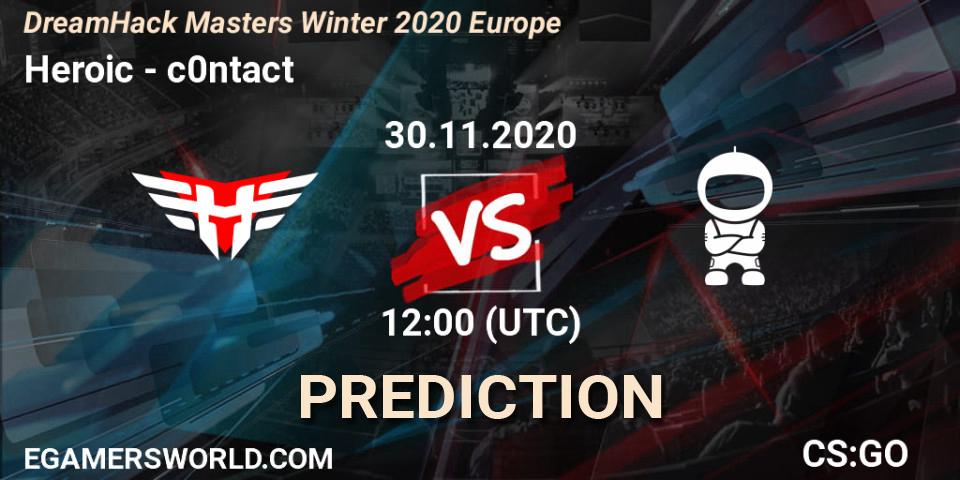 Heroic vs c0ntact: Betting TIp, Match Prediction. 30.11.2020 at 12:00. Counter-Strike (CS2), DreamHack Masters Winter 2020 Europe