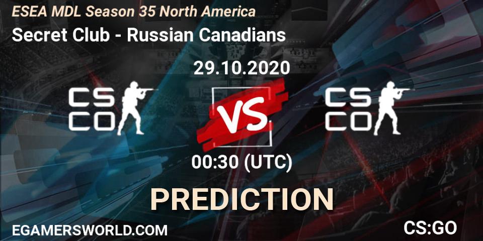 Secret Club vs Russian Canadians: Betting TIp, Match Prediction. 29.10.2020 at 00:30. Counter-Strike (CS2), ESEA MDL Season 35 North America