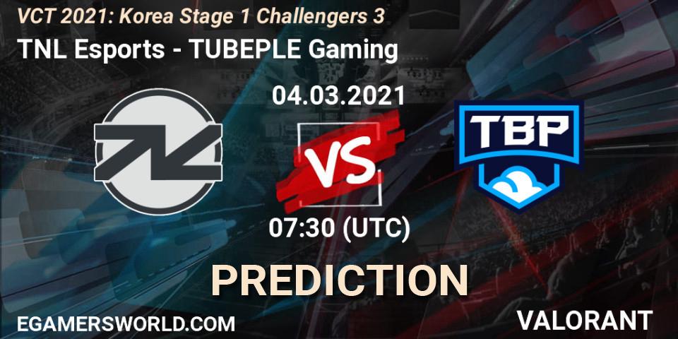 TNL Esports vs TUBEPLE Gaming: Betting TIp, Match Prediction. 04.03.2021 at 07:30. VALORANT, VCT 2021: Korea Stage 1 Challengers 3