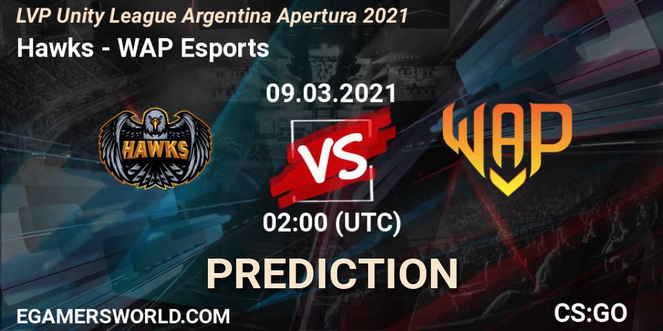 Hawks vs WAP Esports: Betting TIp, Match Prediction. 09.03.2021 at 02:00. Counter-Strike (CS2), LVP Unity League Argentina Apertura 2021