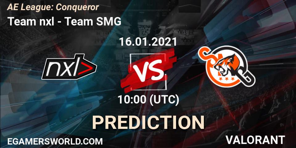 Team nxl vs Team SMG: Betting TIp, Match Prediction. 16.01.2021 at 10:00. VALORANT, AE League: Conqueror