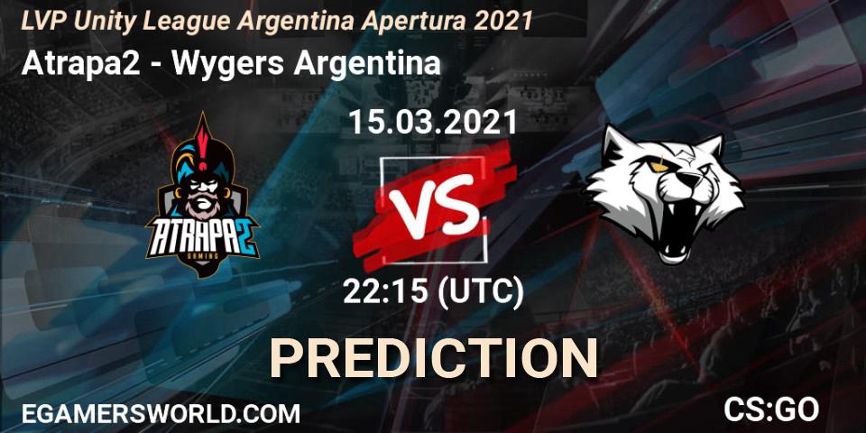 Atrapa2 vs Wygers Argentina: Betting TIp, Match Prediction. 15.03.2021 at 22:15. Counter-Strike (CS2), LVP Unity League Argentina Apertura 2021