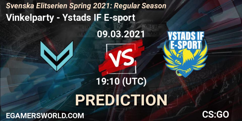 Vinkelparty vs Ystads IF E-sport: Betting TIp, Match Prediction. 09.03.2021 at 19:10. Counter-Strike (CS2), Svenska Elitserien Spring 2021: Regular Season