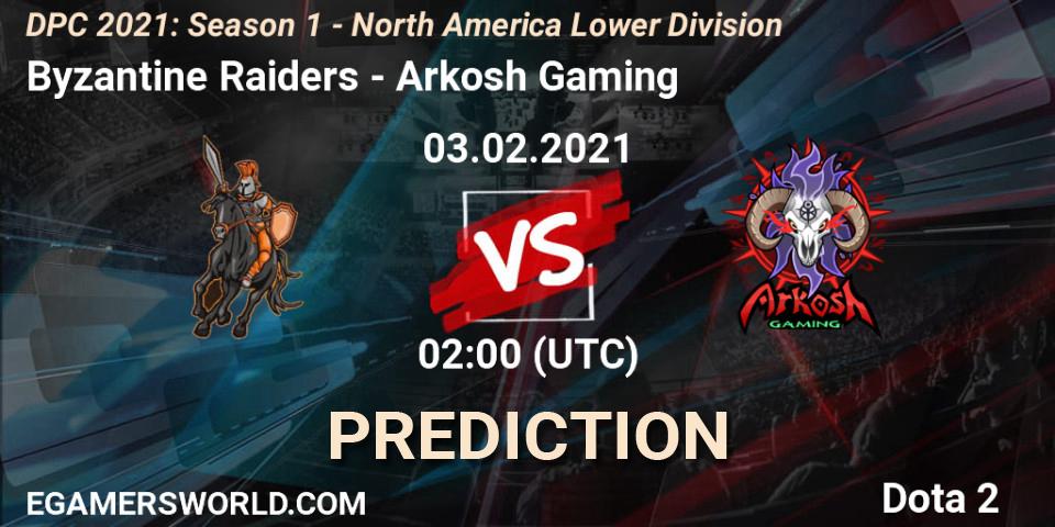 Byzantine Raiders vs Arkosh Gaming: Betting TIp, Match Prediction. 03.02.2021 at 02:00. Dota 2, DPC 2021: Season 1 - North America Lower Division