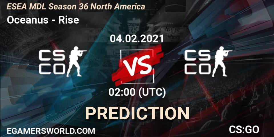 Oceanus vs Rise: Betting TIp, Match Prediction. 18.02.2021 at 02:00. Counter-Strike (CS2), MDL ESEA Season 36: North America - Premier Division