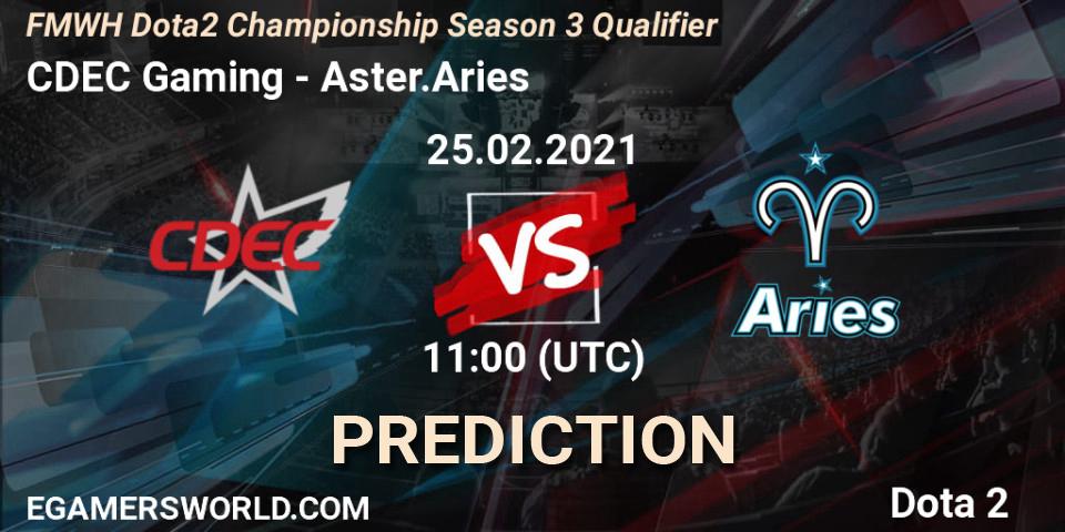 CDEC Gaming vs Aster.Aries: Betting TIp, Match Prediction. 25.02.2021 at 10:53. Dota 2, FMWH Dota2 Championship Season 3 Qualifier