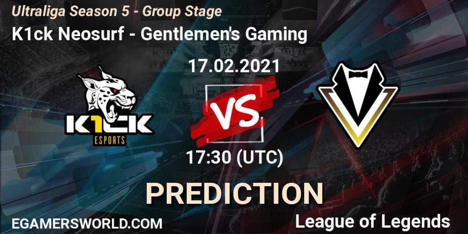 K1ck Neosurf vs Gentlemen's Gaming: Betting TIp, Match Prediction. 17.02.2021 at 17:30. LoL, Ultraliga Season 5 - Group Stage
