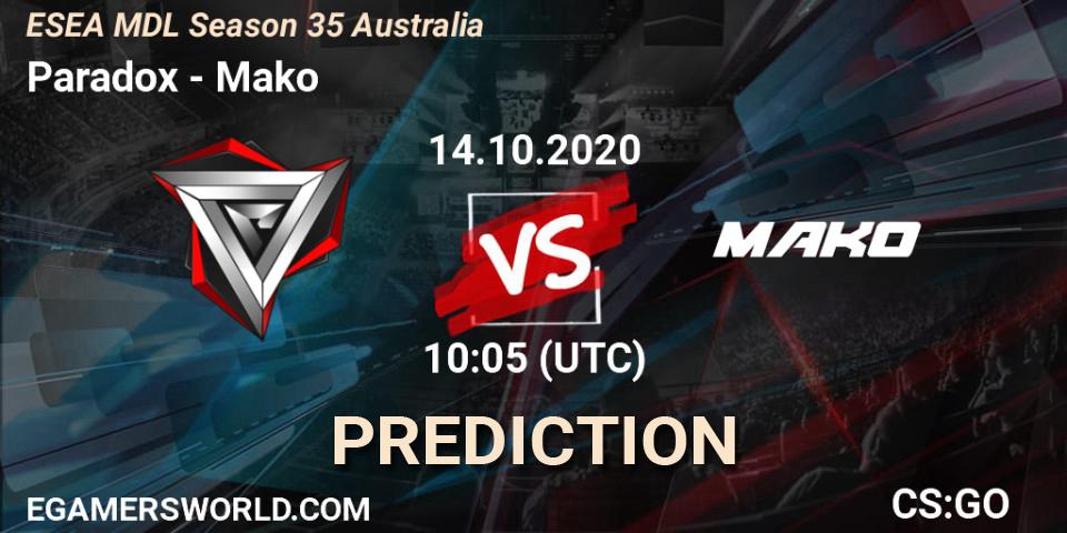 Paradox vs Mako: Betting TIp, Match Prediction. 14.10.2020 at 10:15. Counter-Strike (CS2), ESEA MDL Season 35 Australia