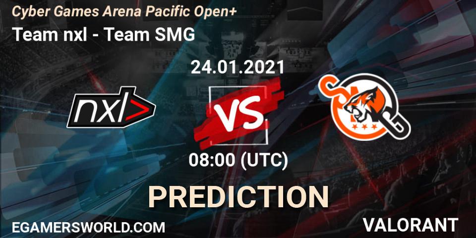 Team nxl vs Team SMG: Betting TIp, Match Prediction. 24.01.2021 at 08:00. VALORANT, Cyber Games Arena Pacific Open+