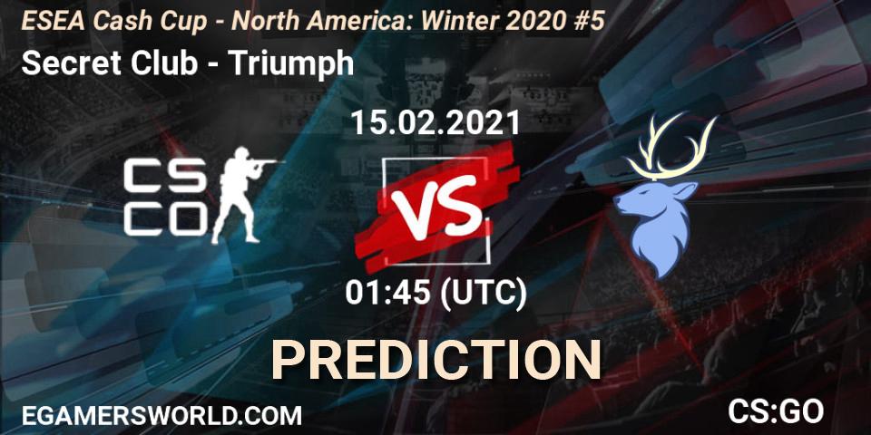 Secret Club vs Triumph: Betting TIp, Match Prediction. 15.02.2021 at 21:00. Counter-Strike (CS2), ESEA Cash Cup - North America: Winter 2020 #5