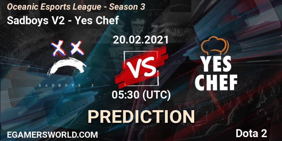 Sadboys V2 vs Yes Chef: Betting TIp, Match Prediction. 20.02.2021 at 05:51. Dota 2, Oceanic Esports League - Season 3