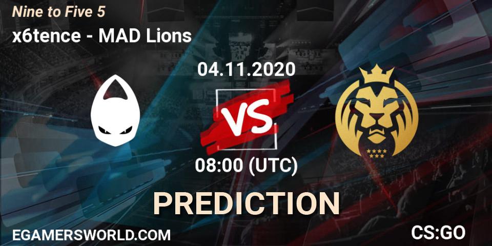 x6tence vs MAD Lions: Betting TIp, Match Prediction. 04.11.2020 at 08:00. Counter-Strike (CS2), Nine to Five 5