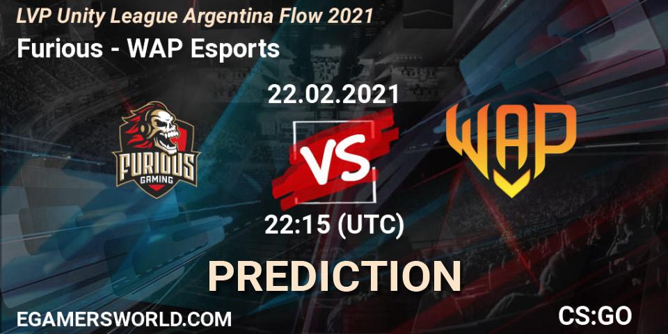 Furious vs WAP Esports: Betting TIp, Match Prediction. 22.02.2021 at 22:15. Counter-Strike (CS2), LVP Unity League Argentina Apertura 2021