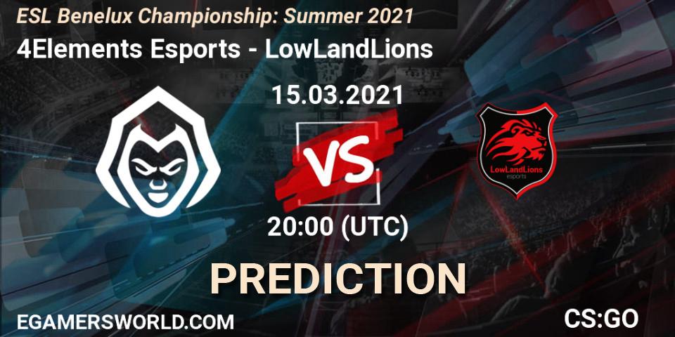 4Elements Esports vs LowLandLions: Betting TIp, Match Prediction. 15.03.2021 at 20:00. Counter-Strike (CS2), ESL Benelux Championship: Summer 2021