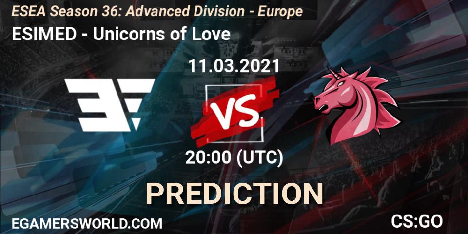 ESIMED vs Unicorns of Love: Betting TIp, Match Prediction. 11.03.2021 at 20:00. Counter-Strike (CS2), ESEA Season 36: Europe - Advanced Division