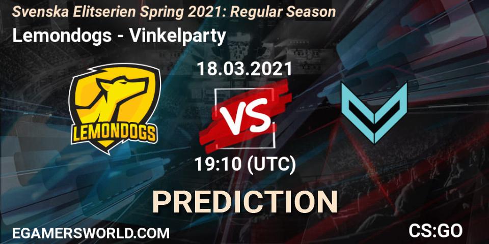 Lemondogs vs Vinkelparty: Betting TIp, Match Prediction. 18.03.2021 at 19:10. Counter-Strike (CS2), Svenska Elitserien Spring 2021: Regular Season
