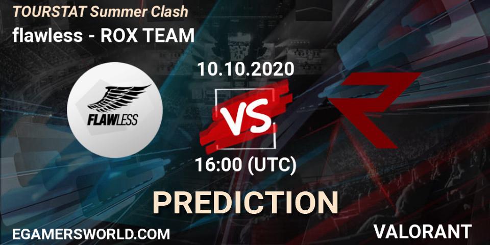 flawless vs ROX TEAM: Betting TIp, Match Prediction. 10.10.2020 at 16:00. VALORANT, TOURSTAT Summer Clash