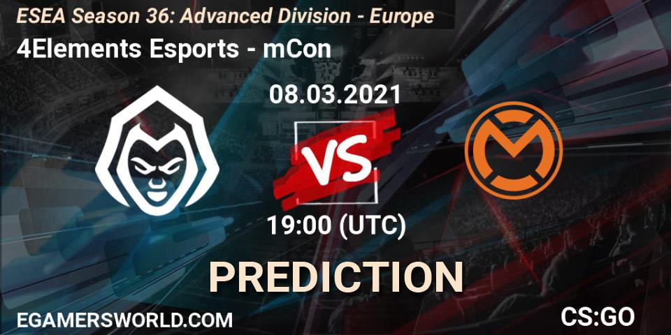 4Elements Esports vs mCon: Betting TIp, Match Prediction. 08.03.2021 at 19:00. Counter-Strike (CS2), ESEA Season 36: Europe - Advanced Division