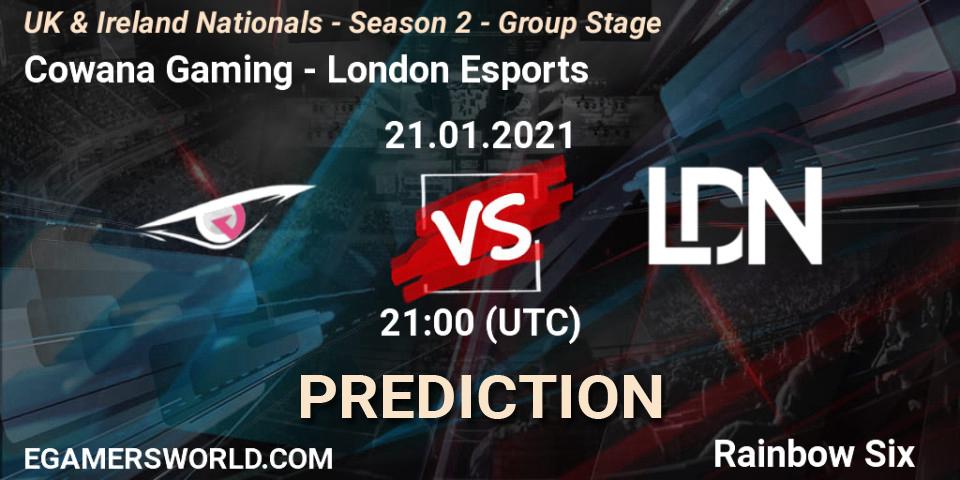 Cowana Gaming vs London Esports: Betting TIp, Match Prediction. 21.01.2021 at 21:00. Rainbow Six, UK & Ireland Nationals - Season 2 - Group Stage