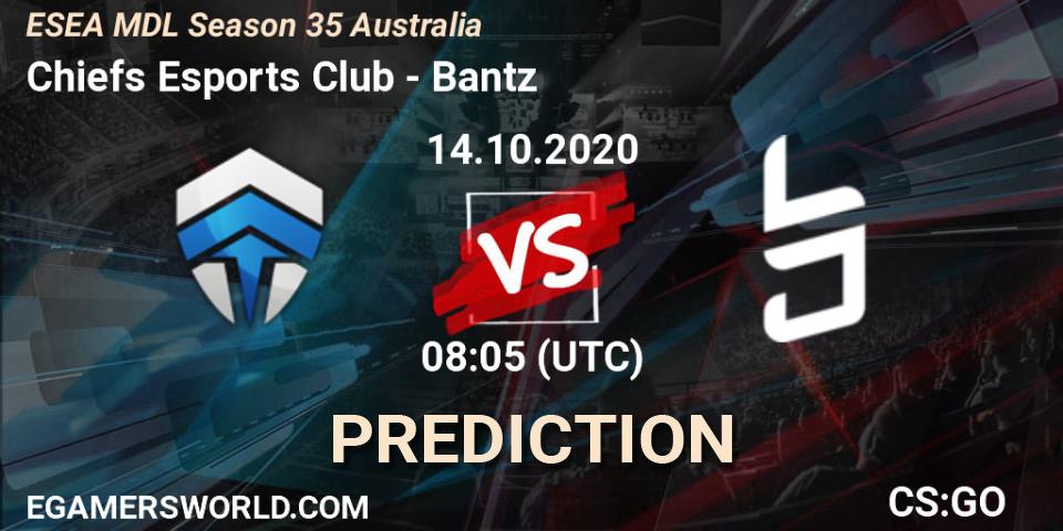 Chiefs Esports Club vs Bantz: Betting TIp, Match Prediction. 14.10.2020 at 08:05. Counter-Strike (CS2), ESEA MDL Season 35 Australia