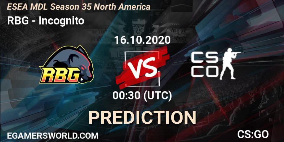 RBG vs Incognito: Betting TIp, Match Prediction. 16.10.2020 at 00:30. Counter-Strike (CS2), ESEA MDL Season 35 North America