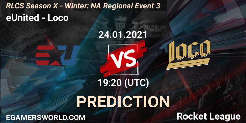 eUnited vs Loco: Betting TIp, Match Prediction. 24.01.2021 at 19:20. Rocket League, RLCS Season X - Winter: NA Regional Event 3