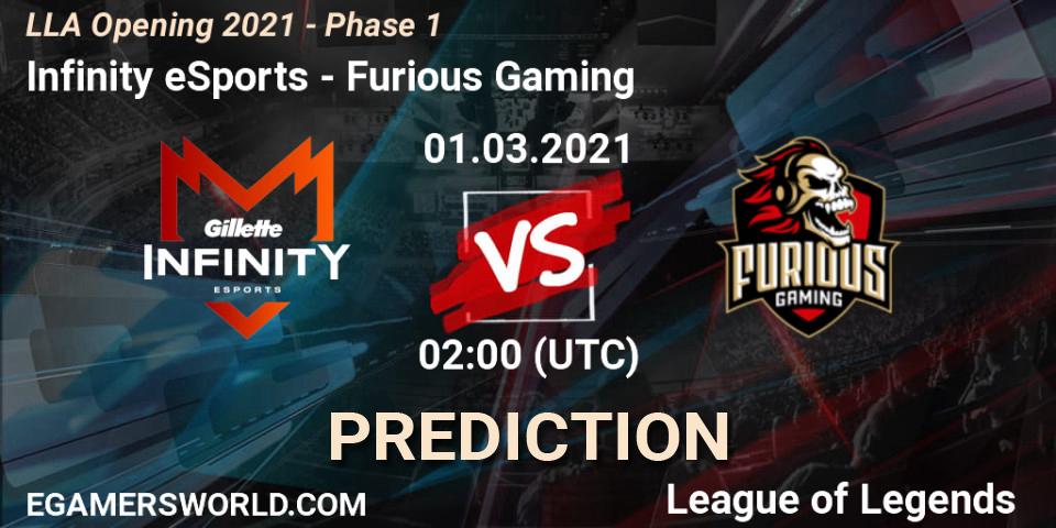 Infinity eSports vs Furious Gaming: Betting TIp, Match Prediction. 01.03.2021 at 01:55. LoL, LLA Opening 2021 - Phase 1