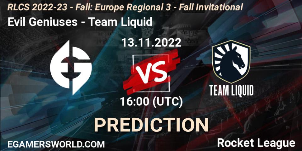 Evil Geniuses vs Team Liquid: Betting TIp, Match Prediction. 13.11.22. Rocket League, RLCS 2022-23 - Fall: Europe Regional 3 - Fall Invitational