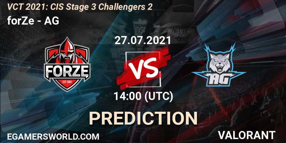 forZe vs AG: Betting TIp, Match Prediction. 27.07.2021 at 14:00. VALORANT, VCT 2021: CIS Stage 3 Challengers 2