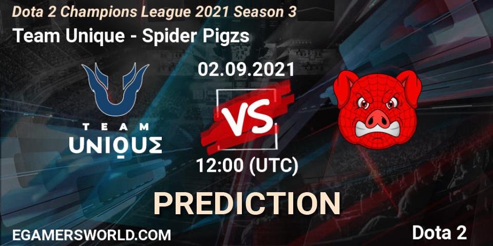 Team Unique vs Spider Pigzs: Betting TIp, Match Prediction. 02.09.2021 at 12:01. Dota 2, Dota 2 Champions League 2021 Season 3