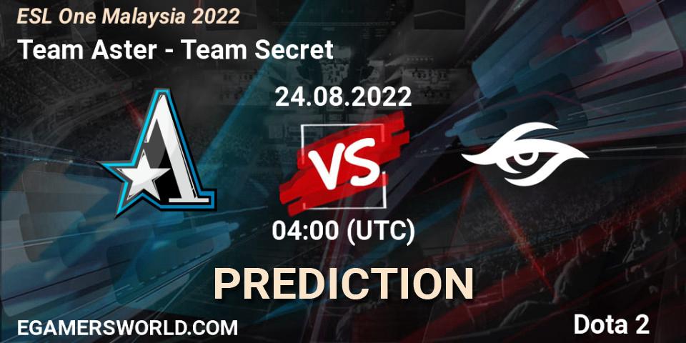 Team Aster vs Team Secret: Betting TIp, Match Prediction. 24.08.2022 at 04:02. Dota 2, ESL One Malaysia 2022