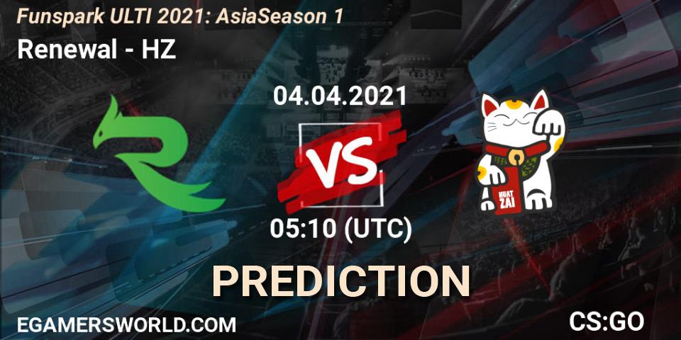 Renewal vs HZ: Betting TIp, Match Prediction. 04.04.2021 at 05:10. Counter-Strike (CS2), Funspark ULTI 2021: Asia Season 1